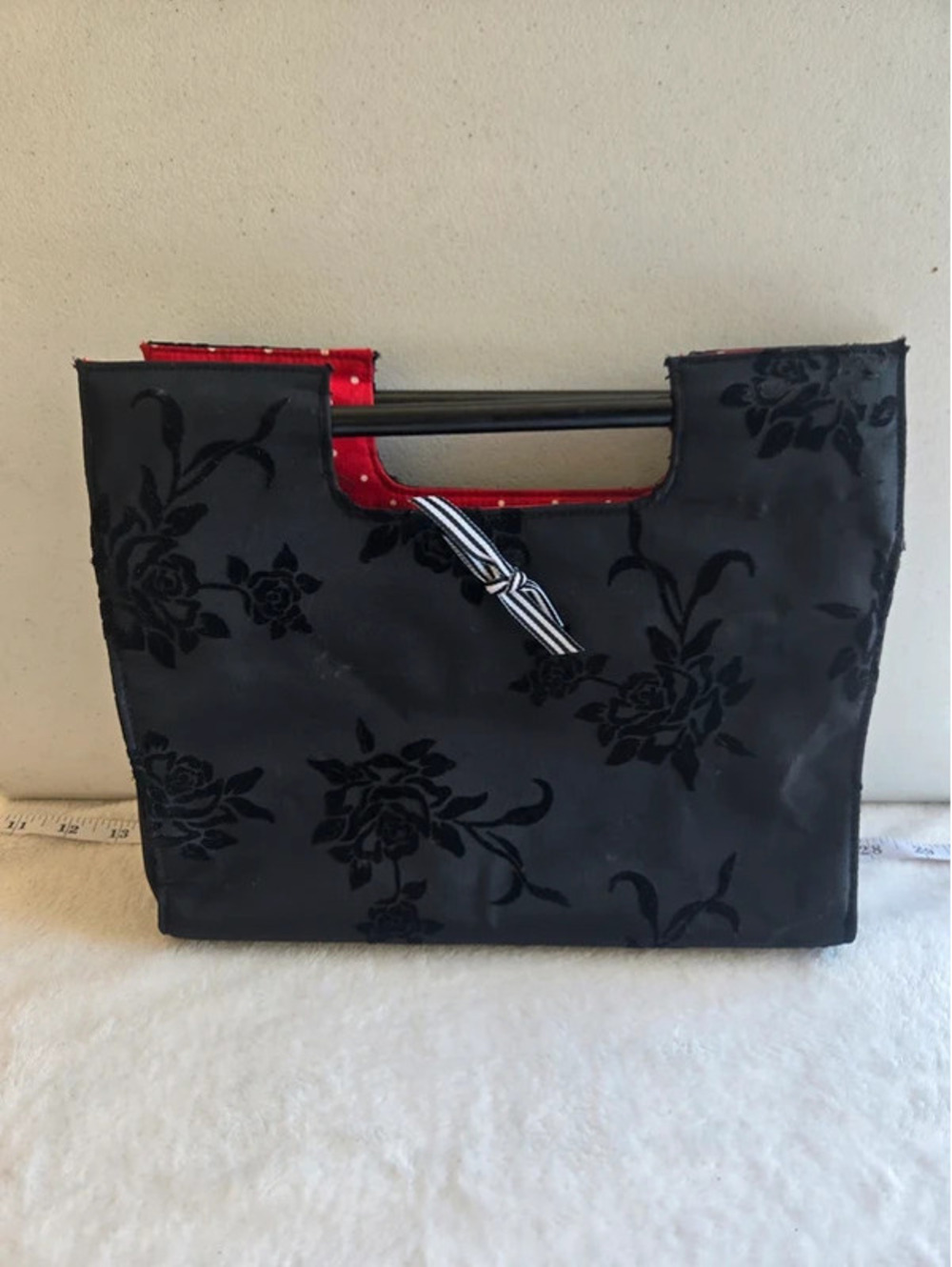 Victoria’s Secret Black Floral Rose Handbag Red Polka Dot Lining